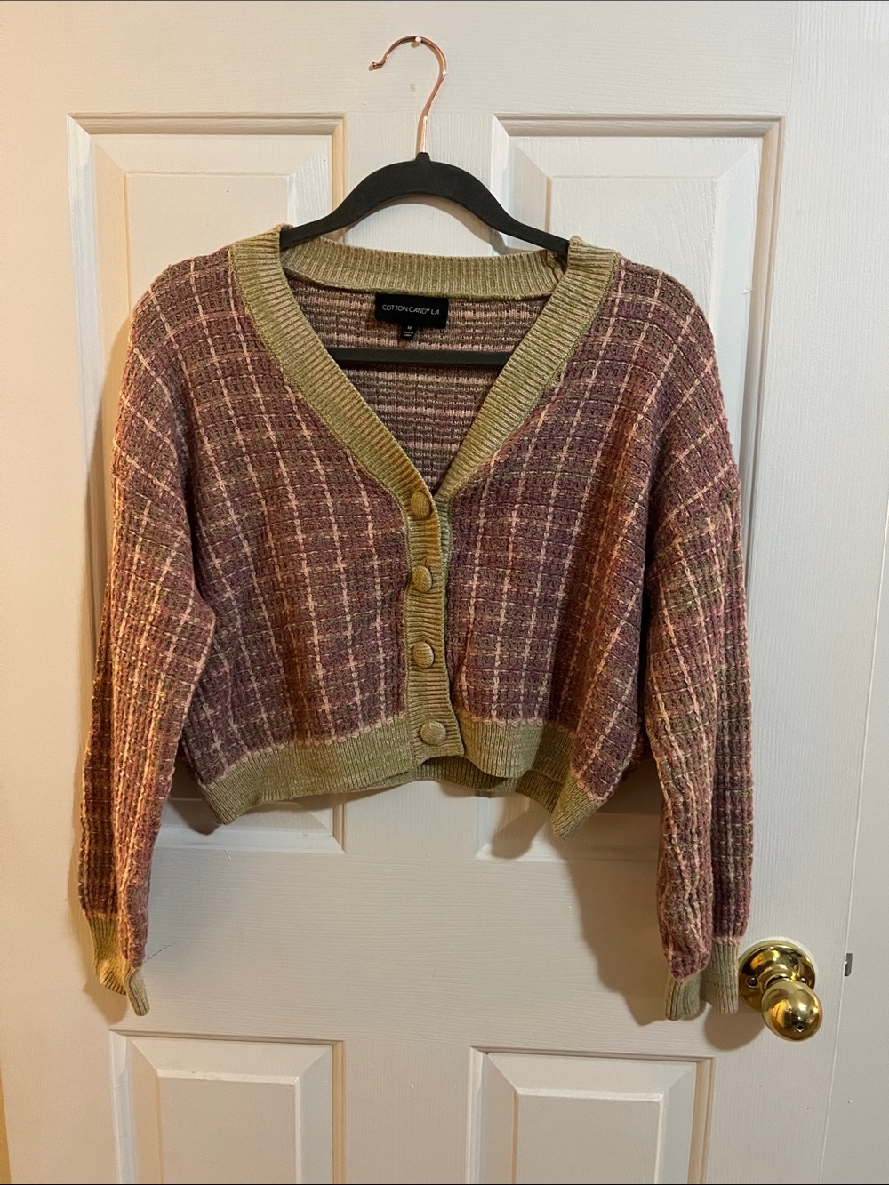 Cotton Candy LA Plaid Cropped Cardigan Sweater M Multicolor Tweed Knit V-Neck